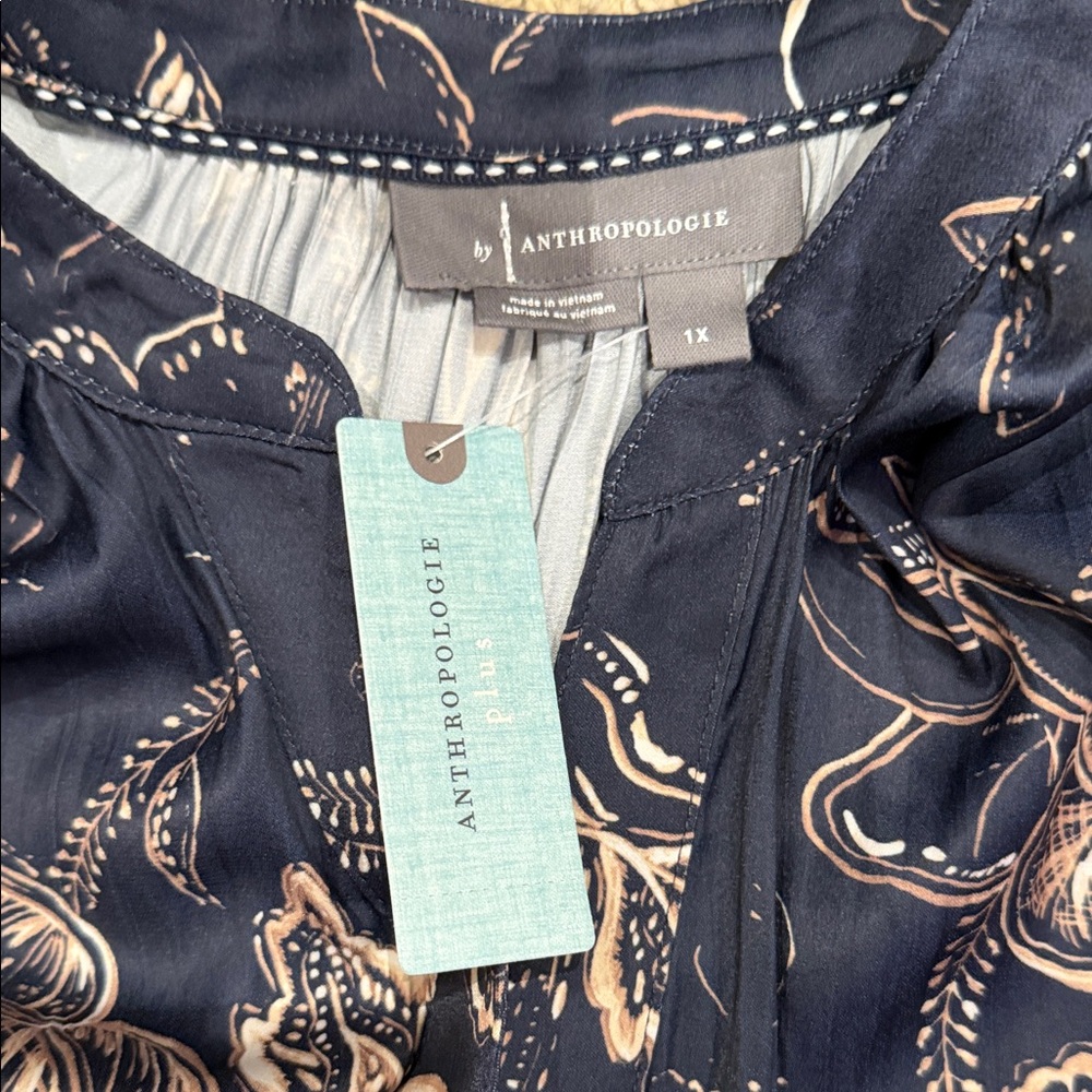 Anthropologie Navy and Beige Patterned Blouse
